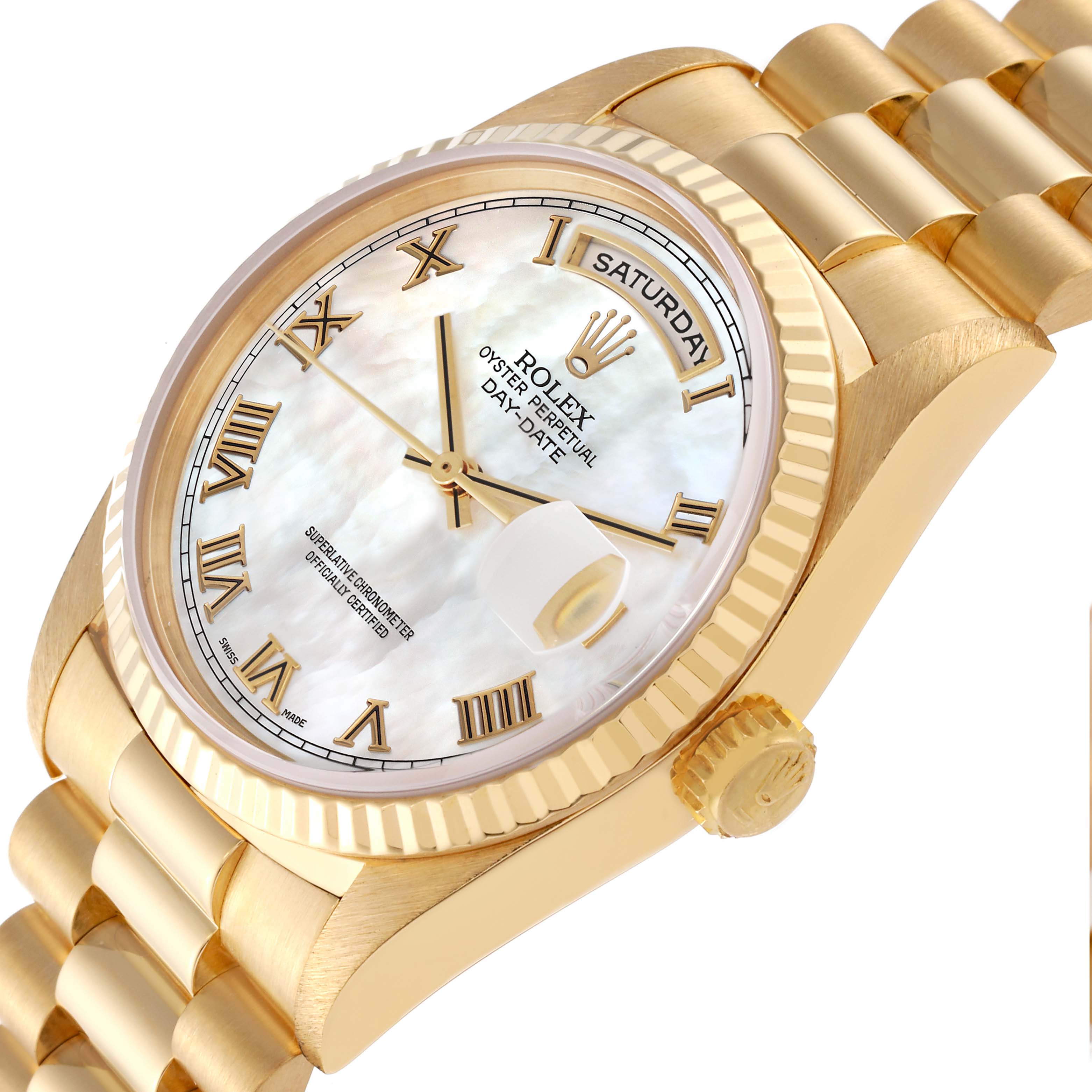 The image shows a close-up angle of the Rolex President 18238 Men's Yellow Gold Mother of Pearl Dial 18238 Men's Yellow Gold Mother of Pearl Dial model watch, highlighting the dial, bezel, and bracelet.