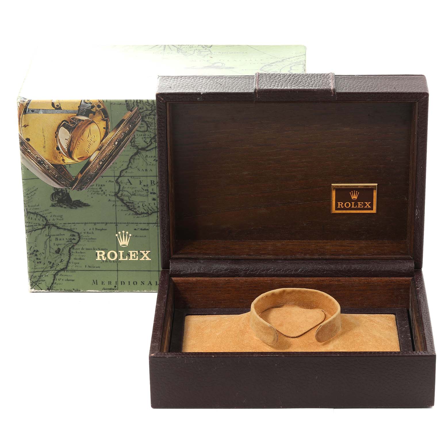 The image shows an empty Rolex President 18238 Men's Yellow Gold Mother of Pearl Dial 18238 Men's Yellow Gold Mother of Pearl Dial model watch box and its packaging from a slightly elevated front angle.