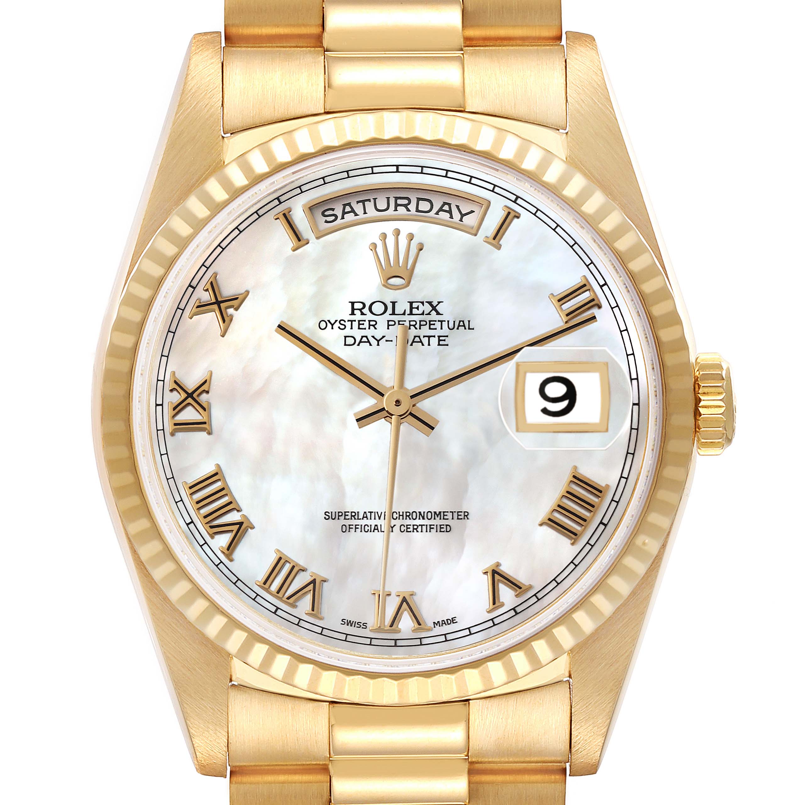 The image shows the Rolex President 18238 Men's Yellow Gold Mother of Pearl Dial 18238 Men's Yellow Gold Mother of Pearl Dial model watch face from a front angle, highlighting the dial, bezel, and bracelet.