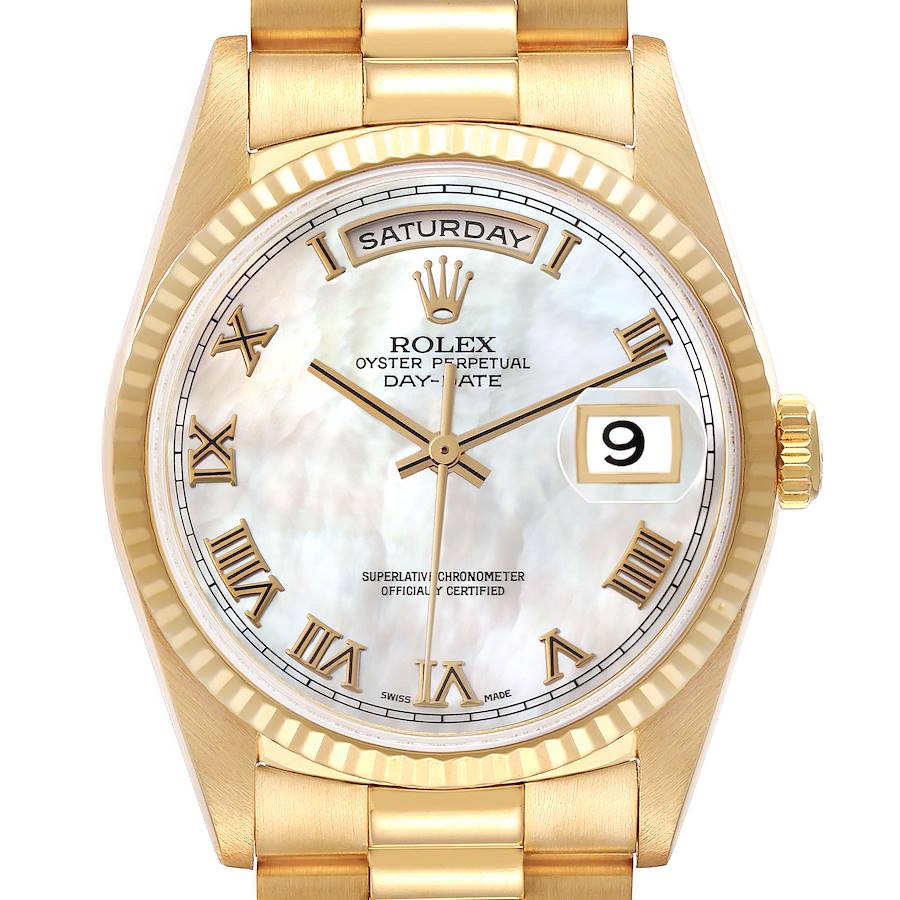 The image shows the Rolex President 18238 Men's Yellow Gold Mother of Pearl Dial 18238 Men's Yellow Gold Mother of Pearl Dial model watch face from a front angle, highlighting the dial, bezel, and bracelet.