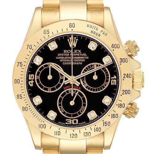 The Rolex Daytona 116528 Men's Yellow Gold Black Dial 116528 Men's Yellow Gold Black Dial watch is shown from the front, featuring its bezel, crown, and subdials with a gold bracelet.
