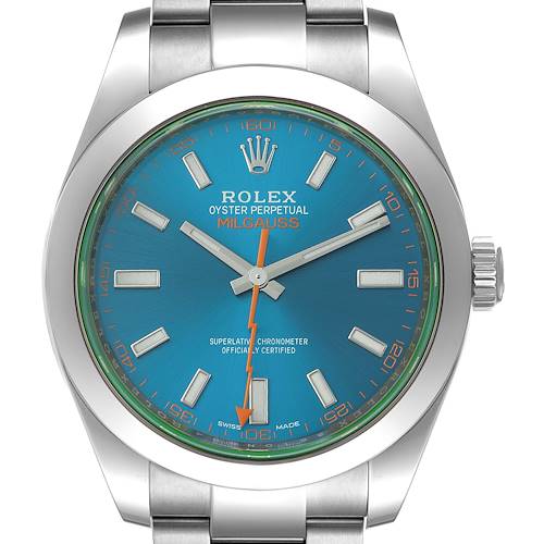 This image shows the front view of a Rolex Milgauss 116400GV Men's Stainless Steel Blue Dial 116400GV Men's Stainless Steel Blue Dial watch, highlighting the dial, bezel, and part of the bracelet.