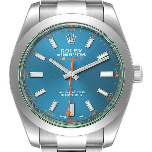 This image shows a front view of a Rolex Milgauss 116400GV Men's Stainless Steel Blue Dial 116400GV Men's Stainless Steel Blue Dial watch, highlighting its blue dial, orange lightning bolt second hand, and stainless steel bracelet.