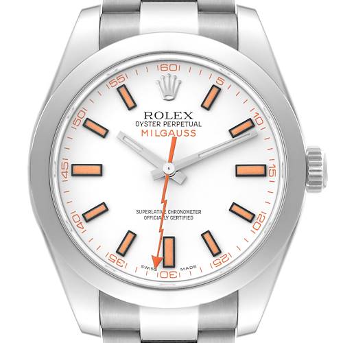 This image shows a frontal view of the Rolex Milgauss 116400 Men's Stainless Steel White Dial 116400 Men's Stainless Steel White Dial watch, highlighting its dial, hands, markers, and part of the bracelet.