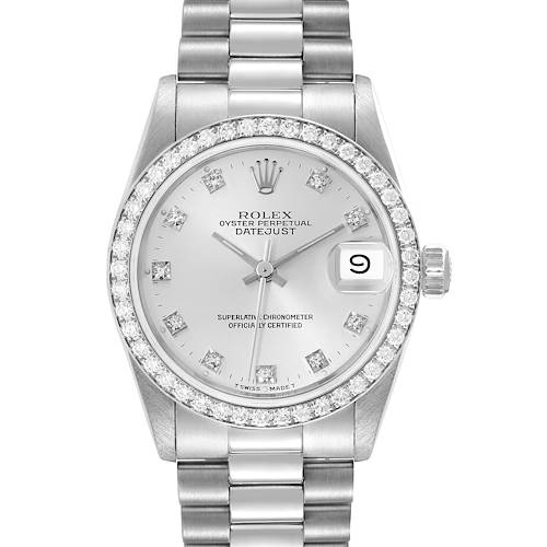 The image shows a frontal view of the Rolex President 68286 Women's Platinum Silver Dial 68286 Women's Platinum Silver Dial model watch, displaying its face, bezel, and bracelet.