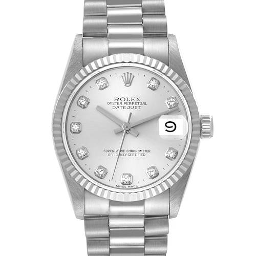The image shows a front view of a Rolex President 68279 Women's White Gold Silver Dial 68279 Women's White Gold Silver Dial model watch with a silver dial, fluted bezel, and date display.