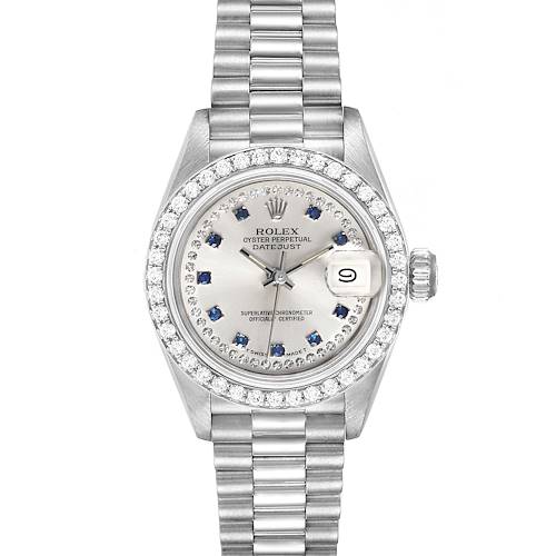 The image shows a Rolex President 69136 Women's Platinum Silver Dial 69136 Women's Platinum Silver Dial model watch with a silver bracelet, diamond-set bezel, and date display at 3 o'clock.
