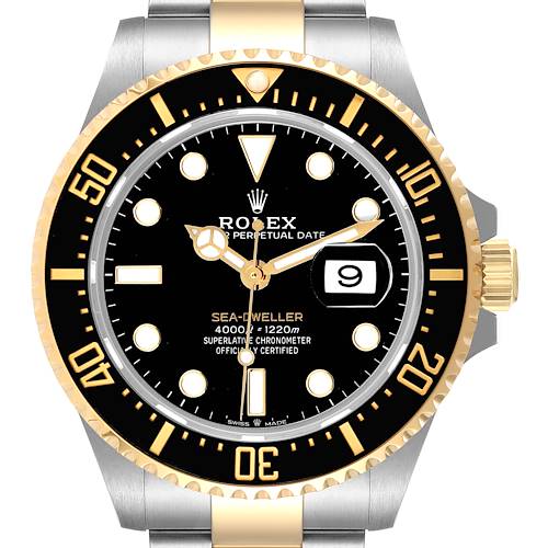 The image shows a Rolex Sea-Dweller 126603 Men's Steel and Gold (two tone) Black Dial 126603 Men's Steel and Gold (two tone) Black Dial watch from a front angle, highlighting its dial, bezel, and part of the bracelet.