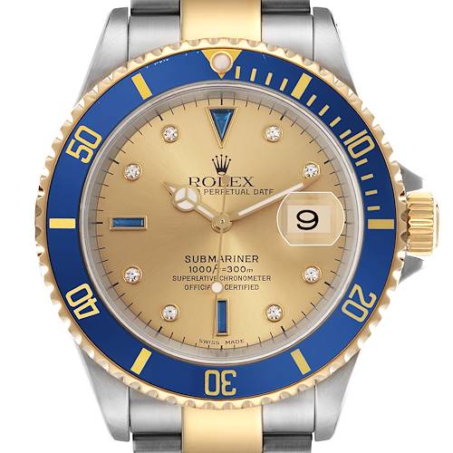 The Rolex Submariner 16613 Men's Steel and Gold (two tone) Champagne Dial 16613 Men's Steel and Gold (two tone) Champagne Dial watch is shown from a front angle, highlighting the dial, bezel, and part of the bracelet.