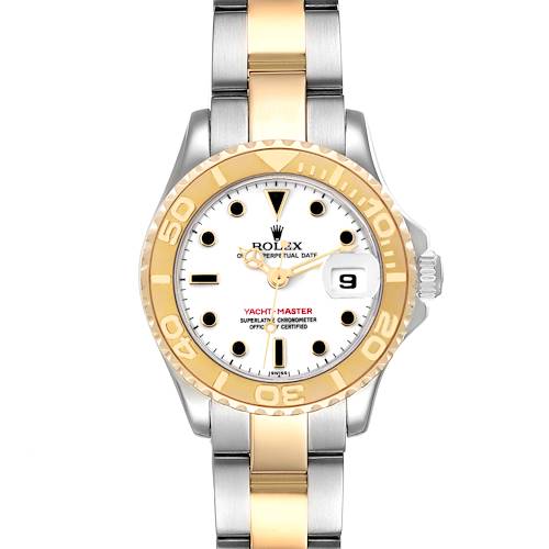 This Rolex Yacht-Master 69623 Women's Steel and Gold (two tone) White Dial 69623 Women's Steel and Gold (two tone) White Dial watch is shown from a top-down angle, highlighting the face, bezel, crown, and bracelet.