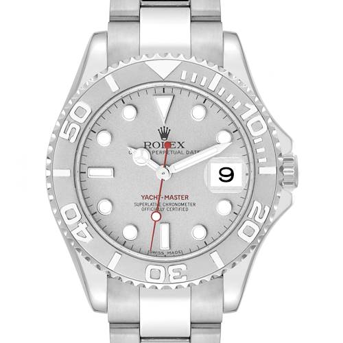 This is a front view of the Rolex Yacht-Master 168622 Men's Stainless Steel Silver Dial 168622 Men's Stainless Steel Silver Dial watch, displaying its dial, bezel, hour markers, and bracelet.