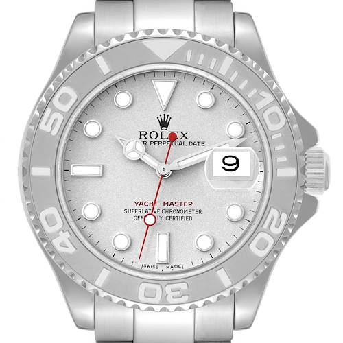 The Rolex Yacht-Master 16622 Men's Stainless Steel Silver Dial 16622 Men's Stainless Steel Silver Dial watch is shown from a front angle, displaying its dial, bezel, hands, and date window.
