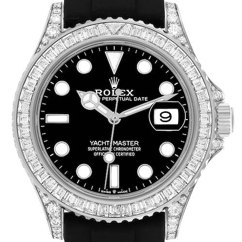 The Rolex Yacht-Master 226679 Men's White Gold Black Dial 226679 Men's White Gold Black Dial watch is shown from a front angle, focusing on the black dial, diamond-set bezel, and date window.
