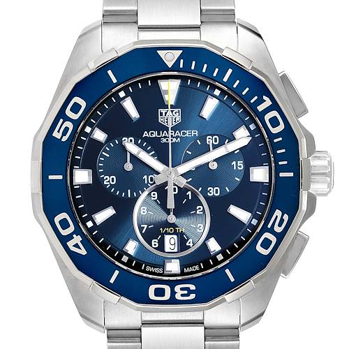 The image shows a front view of the Tag Heuer Aquaracer CAY111B.BA0927 Men's Stainless Steel Blue Dial CAY111B.BA0927 Men's Stainless Steel Blue Dial watch, displaying the face, bezel, and part of the bracelet.