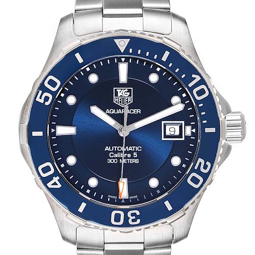 This image shows the Tag Heuer Aquaracer WAN2111.BA0822 Men's Stainless Steel Blue Dial WAN2111.BA0822 Men's Stainless Steel Blue Dial watch face-on, highlighting the dial, bezel, hands, and date display.