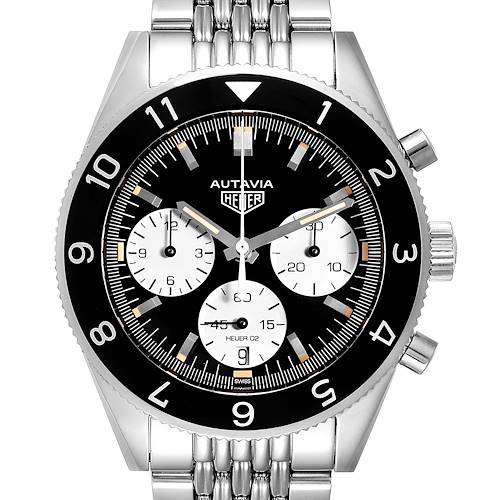 The image shows a head-on view of a Tag Heuer Autavia CBE2110.BA0687 Men's Stainless Steel Black Dial CBE2110.BA0687 Men's Stainless Steel Black Dial watch, highlighting its dial, bezel, subdials, and part of the bracelet.