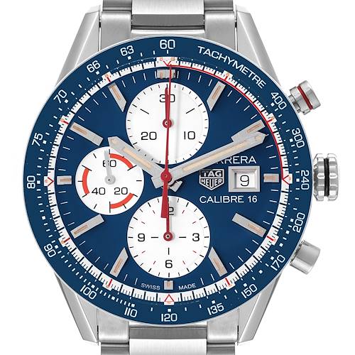 The Tag Heuer Carrera CV201AR.BA0715 Men's Stainless Steel Blue Dial CV201AR.BA0715 Men's Stainless Steel Blue Dial watch is shown from the front, highlighting the dial, subdials, tachymeter, and date window.