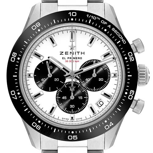 This image shows a frontal view of the Zenith Chronomaster 03.3102.3600/02.M3100 Men's Stainless Steel White Dial 03.3102.3600/02.M3100 Men's Stainless Steel White Dial watch, displaying its face, bezel, sub-dials, and crown.