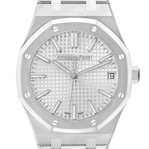 The image shows a frontal view of the Audemars Piguet Royal Oak 15510ST.OO.1320ST.08 Men's Stainless Steel Silver Dial 15510ST.OO.1320ST.08 Men's Stainless Steel Silver Dial watch, detailing the dial, bezel, and part of the bracelet.