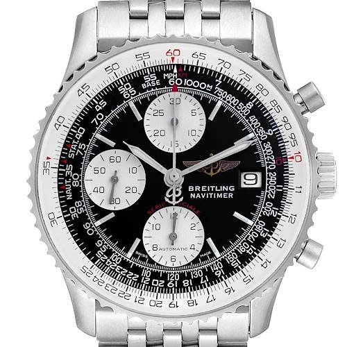 The image shows a Breitling Navitimer A13330 Men's Stainless Steel Black Dial A13330 Men's Stainless Steel Black Dial watch from a front angle, highlighting its face, bezel, and metal bracelet.