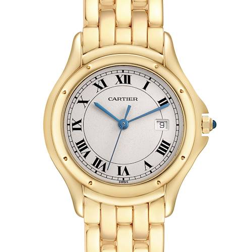 The Cartier Panthere W25013B9 Men's Yellow Gold Silver Dial W25013B9 Men's Yellow Gold Silver Dial watch is shown from the front, highlighting its gold case, Roman numeral dial, and date window.