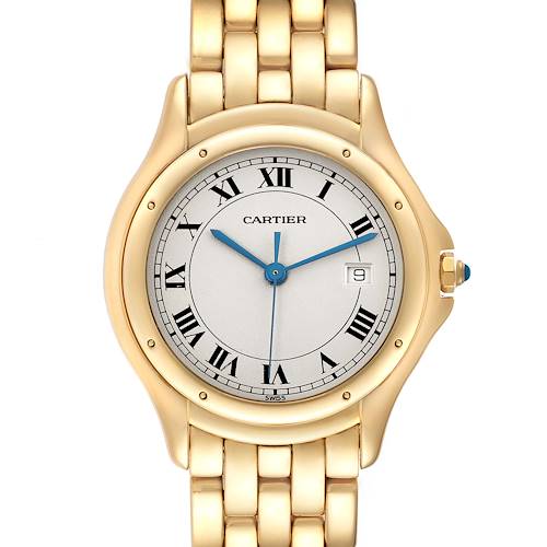 The image shows a front view of the Cartier Panthere W25013B9 Men's Yellow Gold Silver Dial W25013B9 Men's Yellow Gold Silver Dial watch, highlighting its gold case, bracelet, Roman numeral dial, and date window.