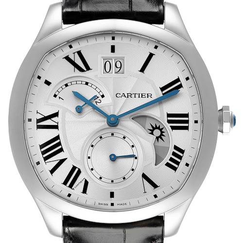 The Drive de Cartier watch is shown from a front angle, highlighting the dial, Roman numerals, and subdials.