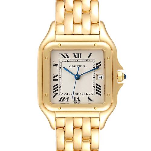 The image shows a front view of a Cartier Panthere W25014B9 Men's Yellow Gold Silver Dial W25014B9 Men's Yellow Gold Silver Dial model watch, displaying its face, bracelet, crown, and clasp.
