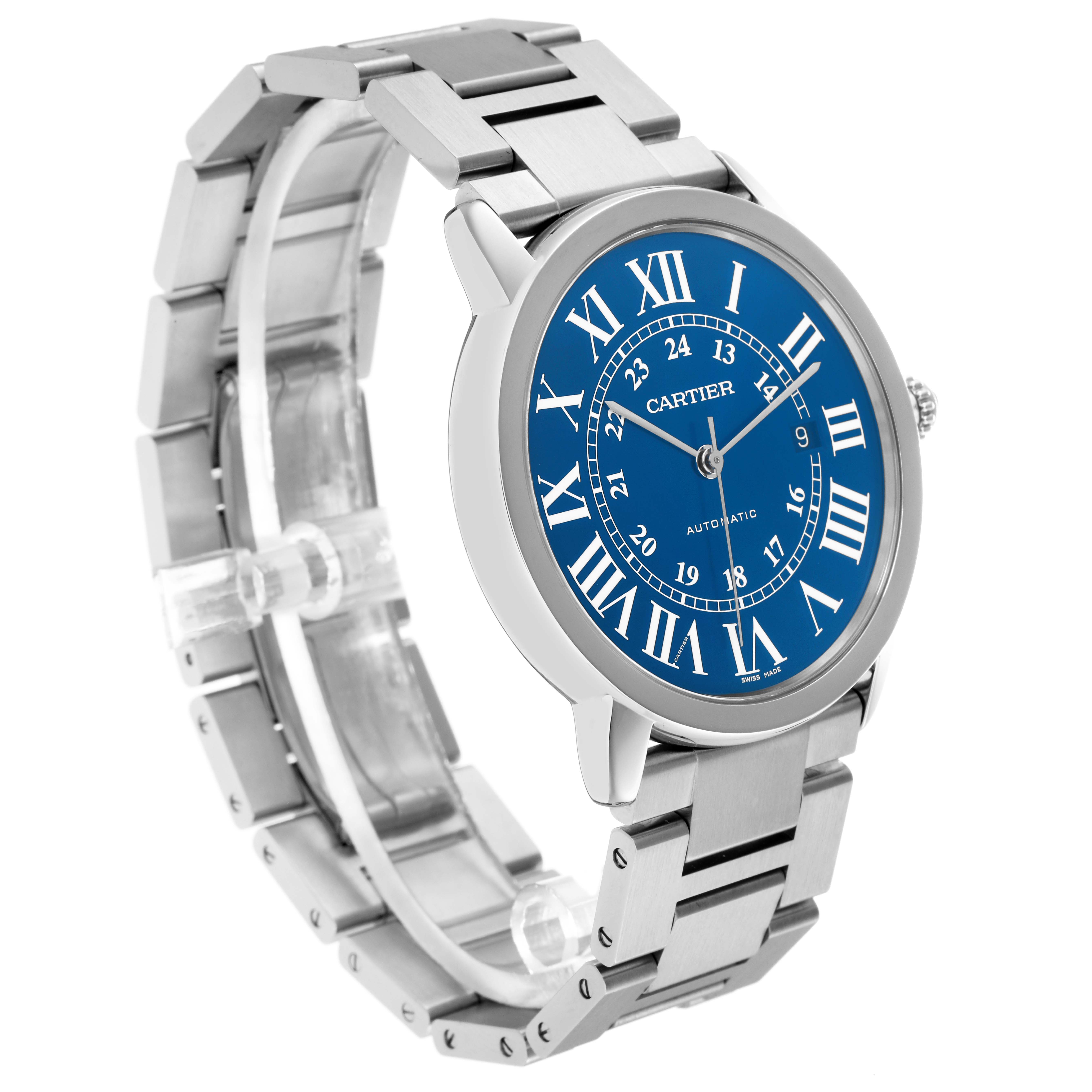 The Cartier Ronde WSRN0023 Men's Stainless Steel Blue Dial WSRN0023 Men's Stainless Steel Blue Dial watch is shown at a three-quarter angle, highlighting the blue dial, Roman numerals, and metal bracelet.