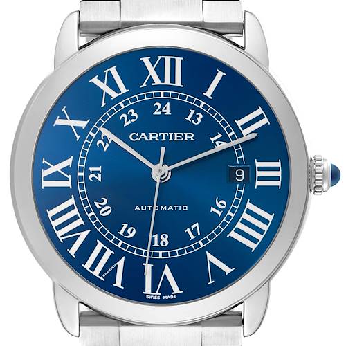The Cartier Ronde WSRN0023 Men's Stainless Steel Blue Dial WSRN0023 Men's Stainless Steel Blue Dial watch is shown from the front, highlighting its blue dial, Roman numerals, date window, and metal strap.