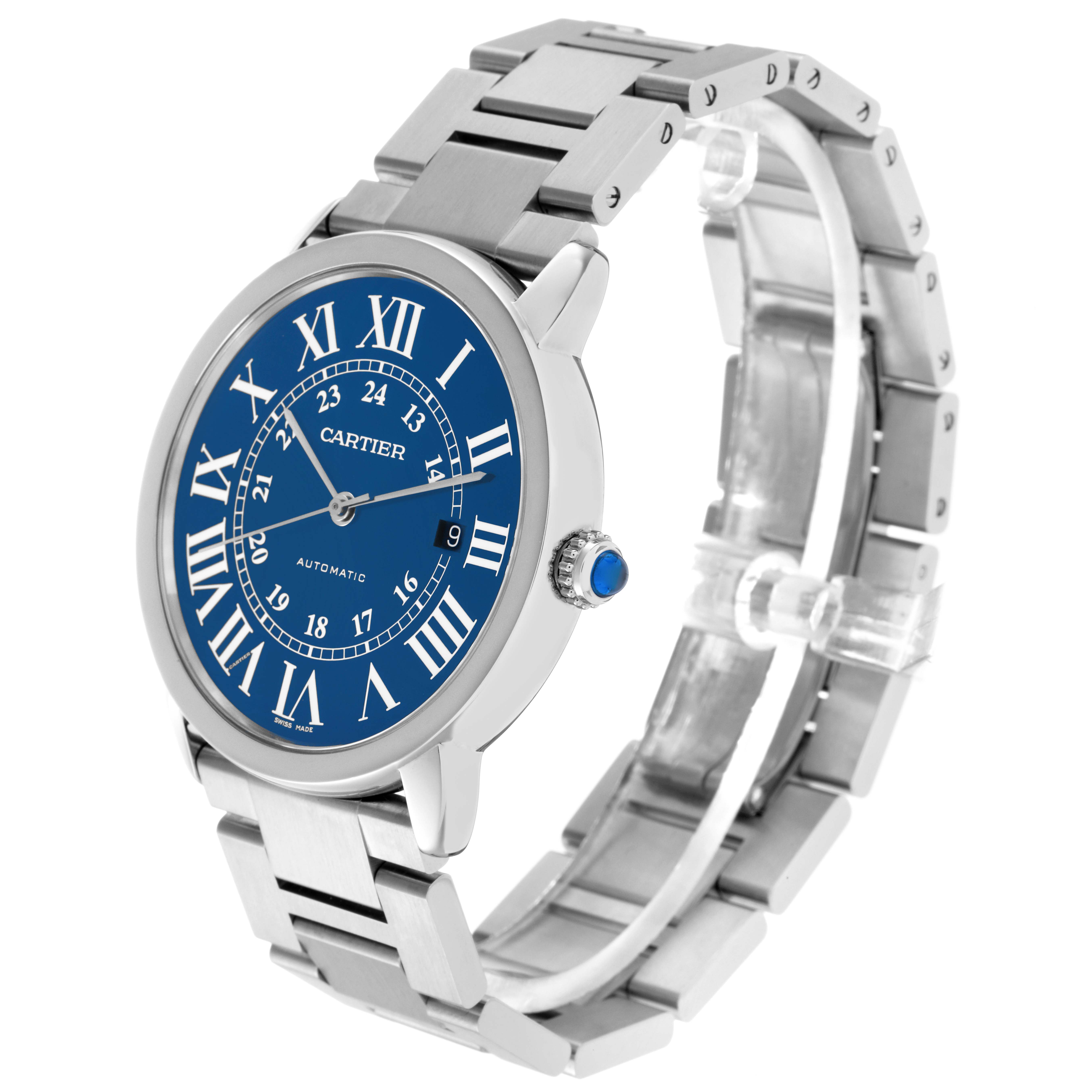 The Cartier Ronde WSRN0023 Men's Stainless Steel Blue Dial WSRN0023 Men's Stainless Steel Blue Dial watch is shown at a three-quarter angle, displaying the dial, crown, and bracelet.