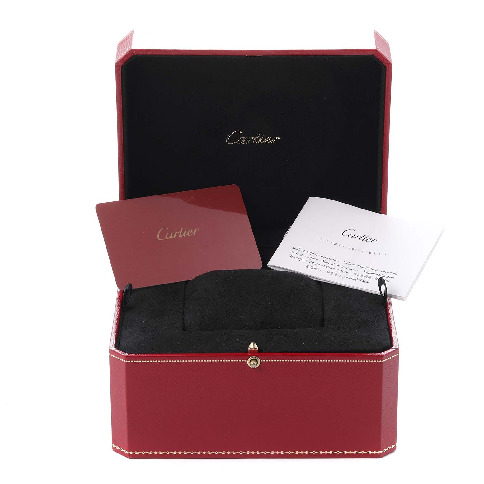 The image shows an open red Cartier box for the Ronde model, with cards and a cushion visible inside.