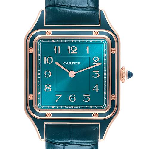 The Cartier Santos Dumont WGSA0098 Men's Rose Gold Blue Dial WGSA0098 Men's Rose Gold Blue Dial watch is shown front-facing, displaying the dial, case, crown, and part of the strap.