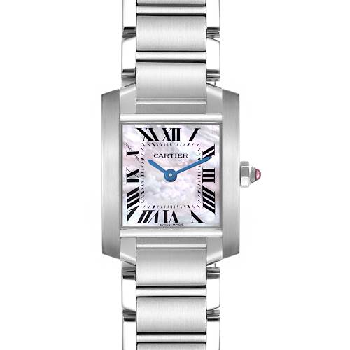 The Cartier Tank Française watch is shown from a front angle, highlighting its face, roman numerals, hands, and metal bracelet.