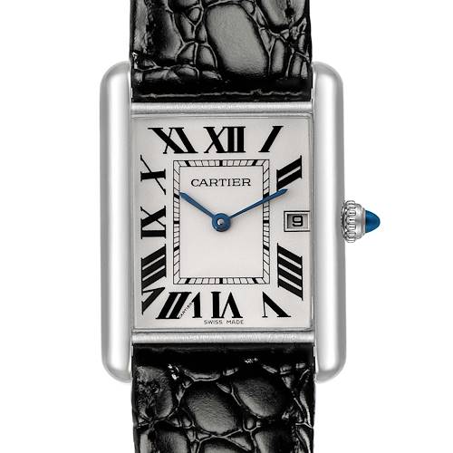 The Cartier Tank Louis W1540956 Men's White Gold Silver Dial W1540956 Men's White Gold Silver Dial watch is shown from the front, displaying the dial, Roman numerals, blue hands, and the date window.