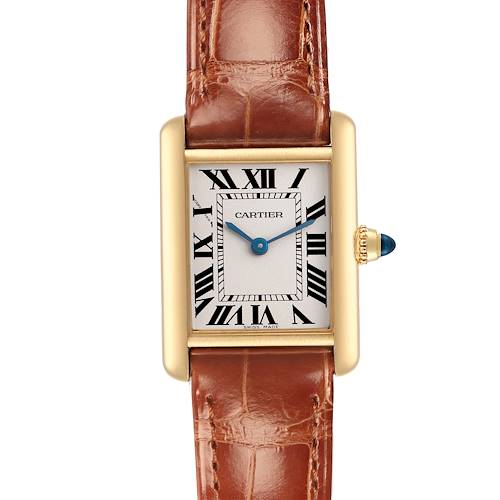 The Cartier Tank Louis W1529856 Women's Yellow Gold Silver Dial W1529856 Women's Yellow Gold Silver Dial watch is shown from a front angle, displaying its face, Roman numerals, blue hands, and the gold casing with a brown leather strap.