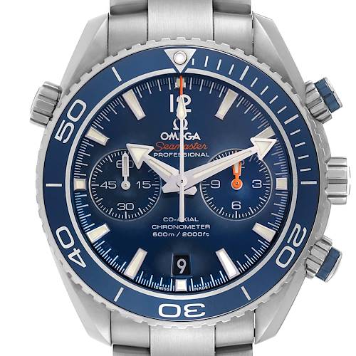 The image shows a front view of the Omega Planet Ocean 232.90.46.51.03.001 Men's Titanium Blue Dial 232.90.46.51.03.001 Men's Titanium Blue Dial watch, displaying its blue dial, chronograph subdials, and bezel.