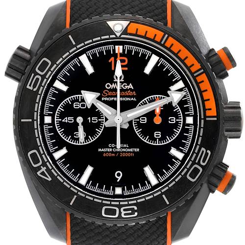 The image shows a front view of the Omega Planet Ocean 215.92.46.51.01.001 Men's Titanium Black Dial 215.92.46.51.01.001 Men's Titanium Black Dial watch, highlighting its dial, bezel, and buttons.
