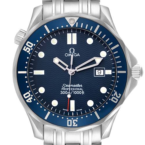 The Omega Seamaster 2541.80.00 Men's Stainless Steel Blue Dial 2541.80.00 Men's Stainless Steel Blue Dial watch is shown from a frontal angle, highlighting the dial, bezel, bracelet, and crown.