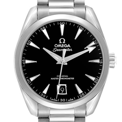 The image shows a frontal view of the Omega Aqua Terra 220.10.38.20.01.004 Men's Stainless Steel Black Dial 220.10.38.20.01.004 Men's Stainless Steel Black Dial watch, highlighting its dial, bezel, crown, and bracelet.