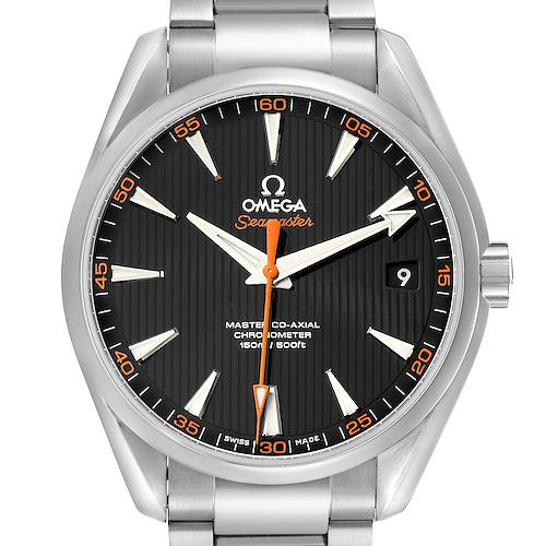 The Omega Aqua Terra 231.10.42.21.01.002 Men's Stainless Steel Black Dial 231.10.42.21.01.002 Men's Stainless Steel Black Dial watch is shown from a front angle, highlighting its dial, bezel, and part of the bracelet.