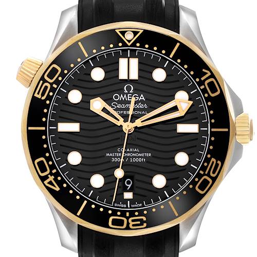The Omega Seamaster 210.22.42.20.01.001 Men's Steel and Gold (two tone) Black Dial 210.22.42.20.01.001 Men's Steel and Gold (two tone) Black Dial watch is shown from the front, highlighting the dial, bezel, hands, and crown.