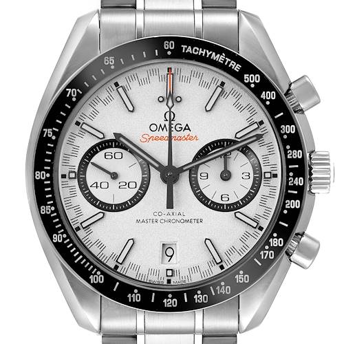 The image shows a frontal view of the Omega Speedmaster 329.30.44.51.04.001 Men's Stainless Steel Silver Dial 329.30.44.51.04.001 Men's Stainless Steel Silver Dial watch, highlighting its face, subdials, and stainless steel bezel.