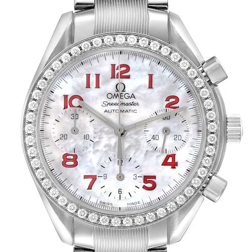 The Omega Speedmaster 3515.79.00 Men's Stainless Steel Mother of Pearl Dial 3515.79.00 Men's Stainless Steel Mother of Pearl Dial model is shown from a front angle, highlighting the bezel, dial, sub-dials, and crown.