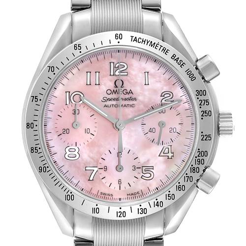 The watch displays a frontal view of the Omega Speedmaster 3502.78.00 Men's Stainless Steel Mother of Pearl Dial 3502.78.00 Men's Stainless Steel Mother of Pearl Dial, showing its pink dial, tachymetric bezel, and pushers.