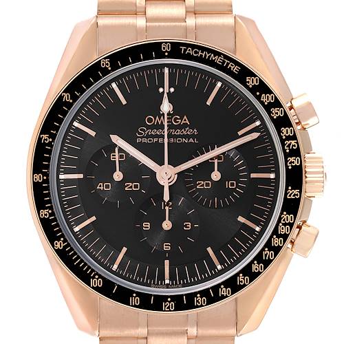 The image shows a front view of the Omega Speedmaster 310.60.42.50.01.001 Men's Rose Gold Black Dial 310.60.42.50.01.001 Men's Rose Gold Black Dial watch, highlighting its dial and bezel.