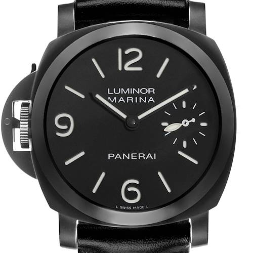 The image shows a frontal view of the Panerai Luminor PAM00026 Men's Stainless Steel Black Dial PAM00026 Men's Stainless Steel Black Dial watch, highlighting its black dial, crown guard, and numeral markers.