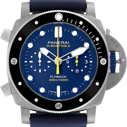 The image shows a front view of the Panerai Submersible PAM01291 Men's Titanium Blue Dial PAM01291 Men's Titanium Blue Dial model, highlighting the dial, bezel, and crown guard.