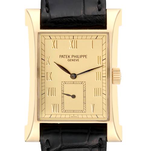 The image shows the front view of a Patek Philippe Pagoda 5500J Men's Yellow Gold Champagne Dial 5500J Men's Yellow Gold Champagne Dial watch, showcasing its rectangular face, gold case, and leather strap.