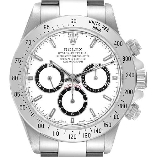 The Rolex Daytona 16520 Men's Stainless Steel White Dial 16520 Men's Stainless Steel White Dial watch is shown from a front angle, displaying the dial, bezels, and side buttons.